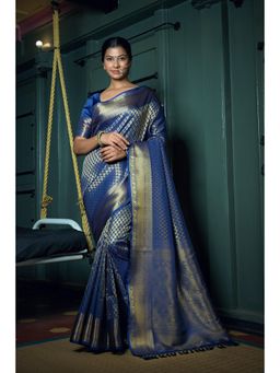 Vardha - Womens Kanchipuram Art Silk Saree with Unstitched Blouse - Blue