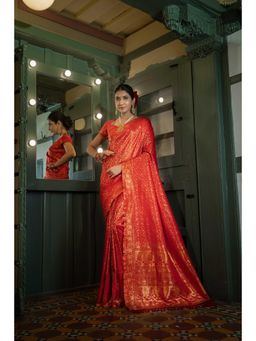Vardha - Womens Kanchipuram Art Silk Saree with Unstitched Blouse - Red