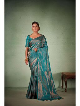 Vardha - Womens Kanchipuram Art Silk Saree with Unstitched Blouse - Blue