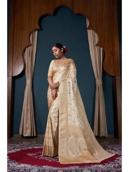 Vardha - Womens Banarasi Satin Silk Saree with Unstitched Blouse - Off White