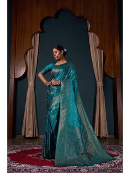 Vardha - Womens Banarasi Satin Silk Saree with Unstitched Blouse - Blue