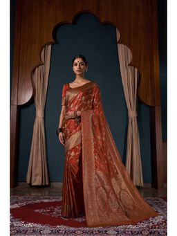 Vardha - Womens Banarasi Satin Silk Saree with Unstitched Blouse - Orange