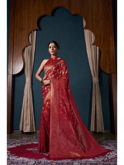 Vardha - Womens Banarasi Satin Silk Saree with Unstitched Blouse - Red