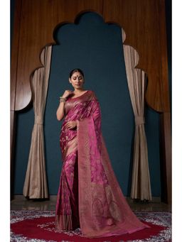 Vardha - Womens Banarasi Satin Silk Saree with Unstitched Blouse - Pink