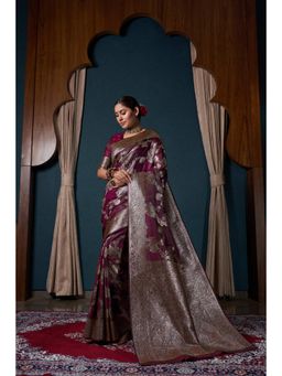 Vardha - Womens Banarasi Satin Silk Saree with Unstitched Blouse - Wine