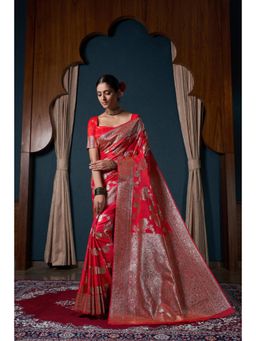 Vardha - Womens Banarasi Satin Silk Saree with Unstitched Blouse - Red