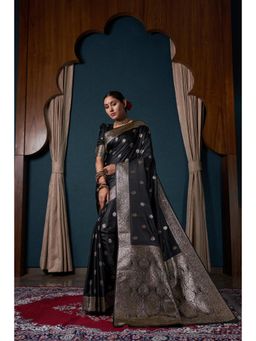 Vardha - Womens Banarasi Satin Silk Saree with Unstitched Blouse - Black
