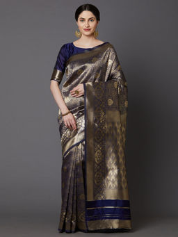 Akhilam - Navy Blue Festive Silk Blend Banarasi Saree with Unstitched Blouse