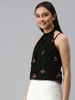 SHOWOFFFF - Women Shoulder Straps Sleeveless Floral Black Top