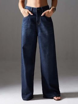 Miss Chase - Women's Blue Wide Leg High Rise Clean Look Denim Jeans