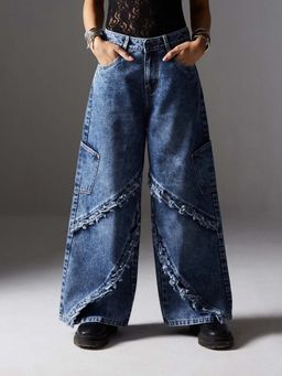 Miss Chase - Women's Blue Wide Leg High Rise Highly Distressed Denim Jeans