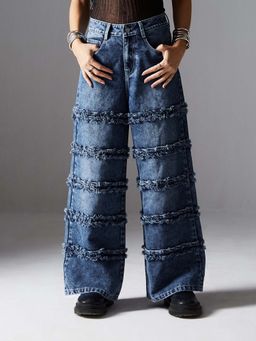 Miss Chase - Women's Blue Wide Leg High Rise Regular Length Denim Jeans