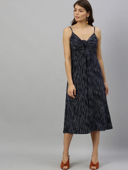 RAREISM - Navy Blue Textured Casual Midi Dress