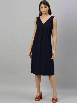 RAREISM - Navy Blue Solid Casual Midi Dress