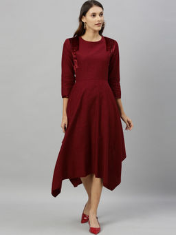 RAREISM - Maroon Solid Casual Midi Dress