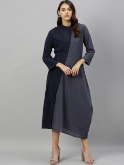 RAREISM - Navy Blue Checks Casual Midi Dress