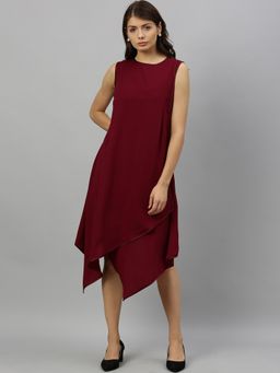 RAREISM - Maroon Solid Casual Midi Dress