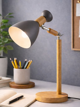 Aarvi Decor - Grey Wooden Metallic Gray Study Desk Lamp