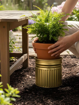 Aarvi Decor - Golden Metallic Freestanding Round Radiant Stripes Planter