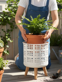 Aarvi Decor - White Metal And Wood Freestanding Round Mesh Planter