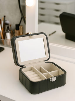 Aarvi Decor - Black with Mirror Faux Leather Travelling Jewellery Box