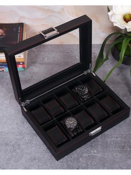 Aarvi Decor - Black faux Leather 10 Watches premium Organiser box