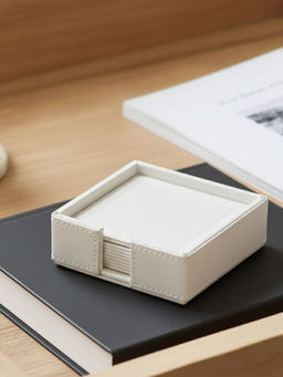 Aarvi Decor - Faux Leather Matt Finish Cream Square Coaster - Set Of 6