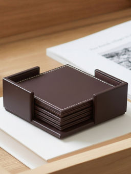 Aarvi Decor - Faux Leather Matt Finish Brown Set Of 6 Square Coaster