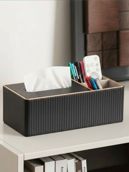 Aarvi Decor - Black Faux Leather Tissue Holder with Organiser