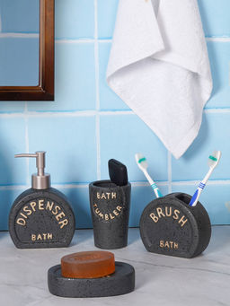 Aarvi Decor - Black Porcelain Sandstone Bliss Soap Dispenser + Toothbrush Holder + Tumbler + Soap Dish