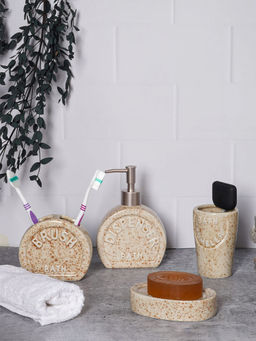 Aarvi Decor - Cream Porcelain Sandstone Bliss Soap Dispenser + Toothbrush Holder + Tumbler + Soap Dish