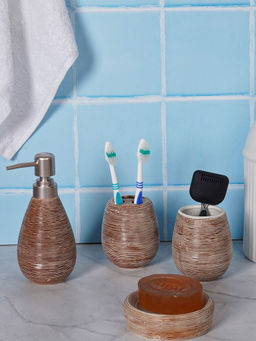 Aarvi Decor - Brown Porcelain Earthy Haven Soap Dispenser + Toothbrush Holder + Tumbler + Soap Dish