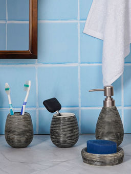 Aarvi Decor - Black Porcelain Earthy Haven Soap Dispenser + Toothbrush Holder + Tumbler + Soap Dish