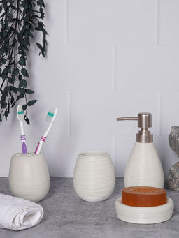 Aarvi Decor - White Porcelain Earthy Haven Soap Dispenser + Toothbrush Holder + Tumbler + Soap Dish