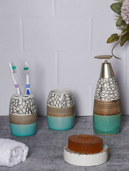 Aarvi Decor - Green Porcelain Pebble Creek Soap Dispenser + Toothbrush Holder + Tumbler + Soap Dish