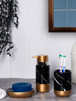 Aarvi Decor - Black Porcelain Timeless Touch Soap Dispenser + Toothbrush Holder + Soap Dish