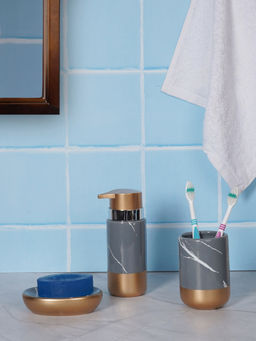 Aarvi Decor - Grey Porcelain Timeless Touch Soap Dispenser + Toothbrush Holder + Soap Dish