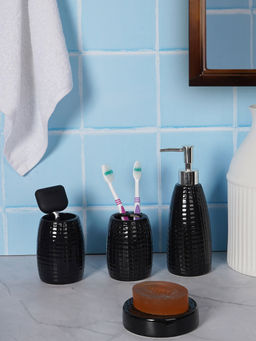 Aarvi Decor - Black Porcelain Glaze & Shine Soap Dispenser + Toothbrush Holder + Tumbler + Soap Dish
