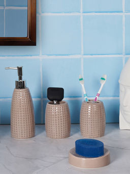 Aarvi Decor - Brown Porcelain Glaze & Shine Soap Dispenser + Toothbrush Holder + Tumbler + Soap Dish