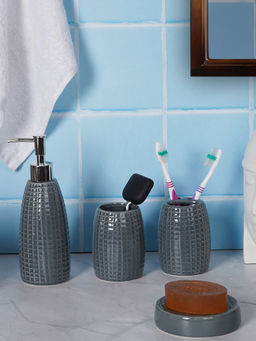 Aarvi Decor - Grey Porcelain Glaze & Shine Soap Dispenser + Toothbrush Holder + Tumbler + Soap Dish