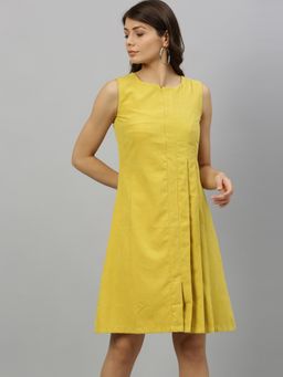 RAREISM - Yellow Pleated Casual Knee Length Dress