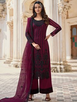 Stylee LIFESTYLE - Wine Net Embroidered Dress Material (Set of 3)