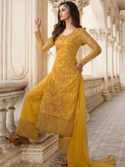 Stylee LIFESTYLE - Mustard Net Embroidered Dress Material (Set of 3)