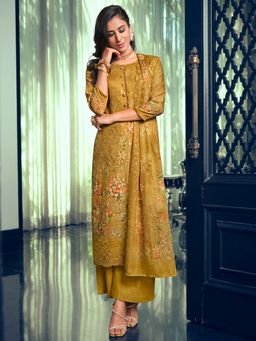 Stylee LIFESTYLE - Mustard Viscose Embroidered Dress Material (Set of 3)