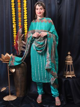 Stylee LIFESTYLE - Turquoise Georgette Digital Printed Dress Material (Set of 3)