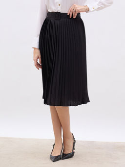 Styli - Women Black Midi Length Pleated Skirt with Self Fabric Belt (Set of 2)