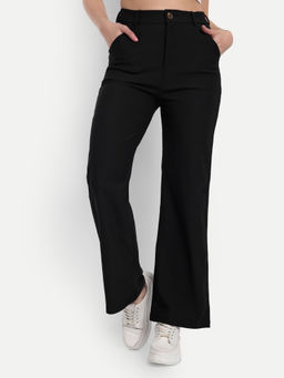 BROADSTAR - Women High Rise Stretchable Black Straight Fit Corduroy Casual Trouser