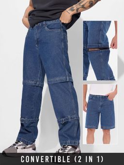 The Souled Store - Denim Steel Blue Baggy Fit Mens Convertible Jeans into Shorts