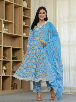 Yufta - Blue Cotton Anarkali Kurta with Pant and Dupatta (Set of 3)