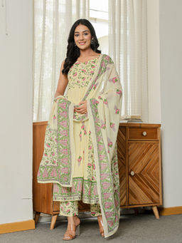 Yufta - Yellow Cotton Floral Print Anarkali Kurta with Pant and Dupatta (Set of 3)